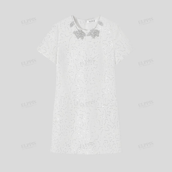 Beaded curtain embroidered handcrafted floral appliqué H-line short sleeve round neck Chanel-style dress