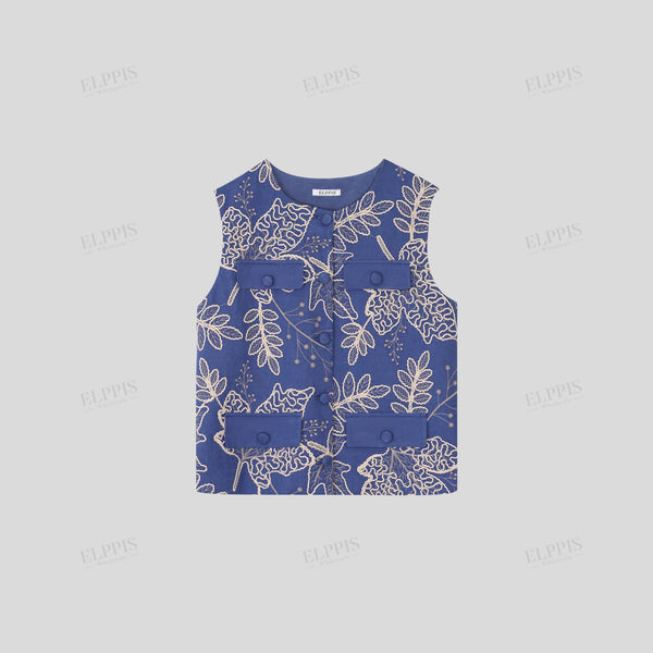 Round-neck single-breasted denim rope-embroidered jacquard vest