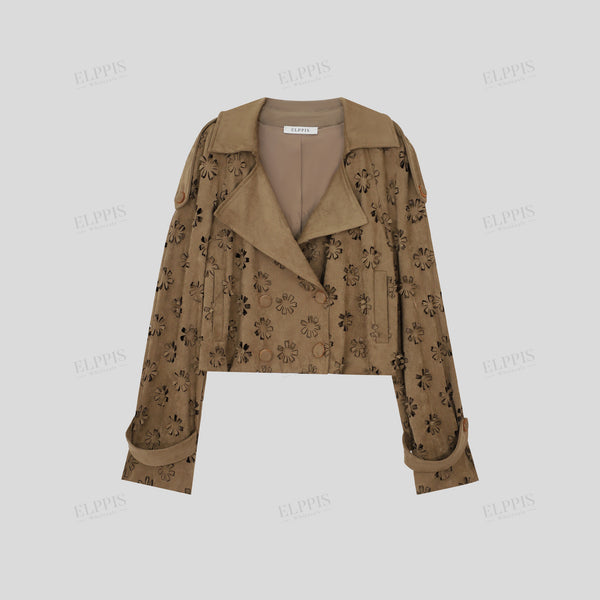 Suede Plush 3D Floral Appliqué Lapel Straight Loose Jacket
