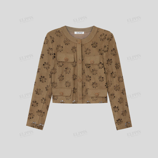French Vintage 3D Floral Appliqué Hollow H-Shape Short Tweed Jacket