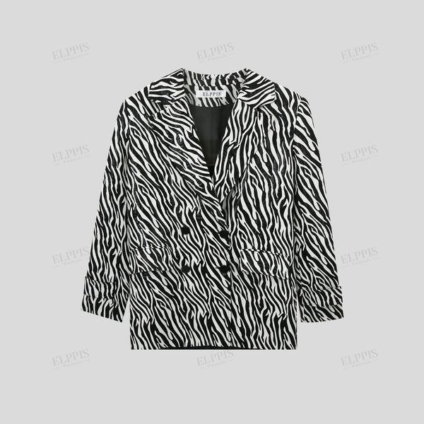 Zebra print textured fabric H-line long sleeve midi blazer