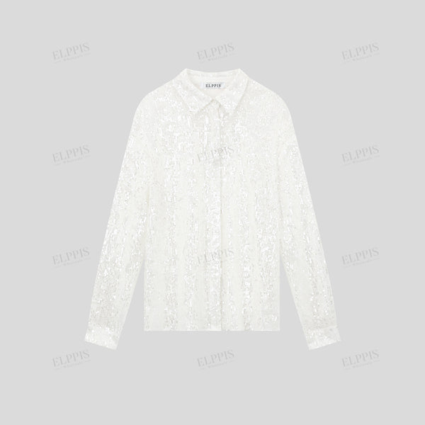 Sequin sheer lapel drop shoulder long sleeve loose shirt