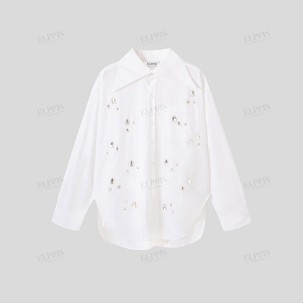 Urban casual style beaded pure cotton long sleeve shirt