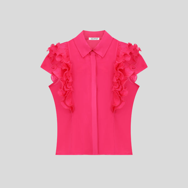 Ruffle hem H-line short sleeve collared top