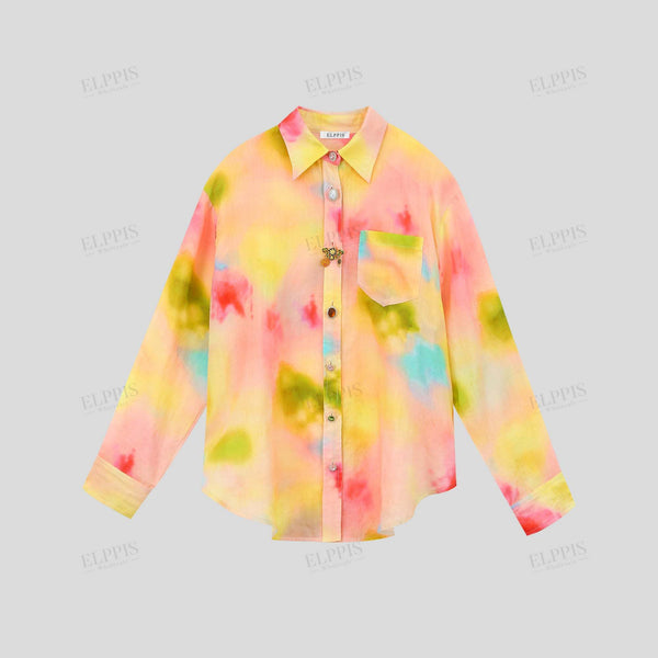 Digital print single-breasted button decorative midi collared shirt