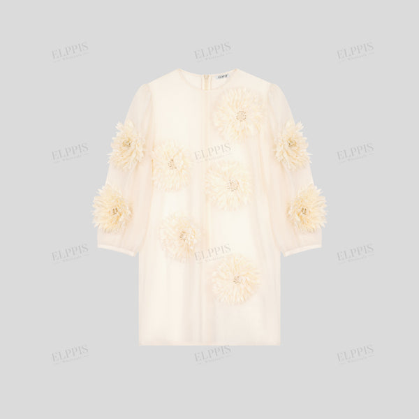 Handcrafted 3D floral long loose-fit round neck top