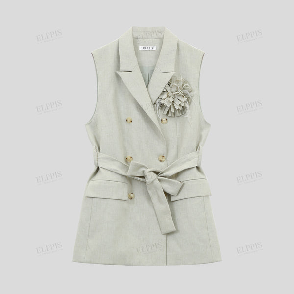 3D tassel decorated linen blend sleeveless blazer