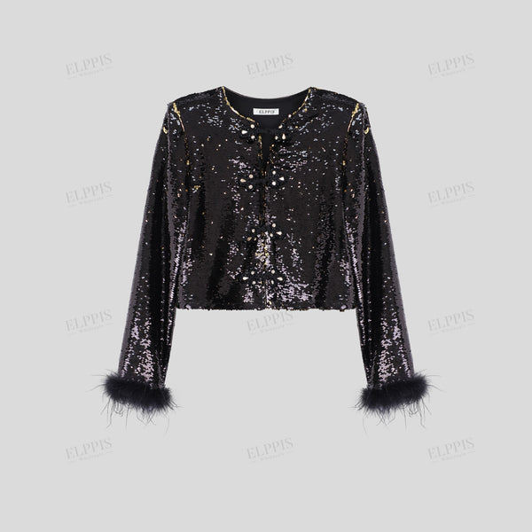 French Luxury Banquet Exquisite Sequin Style Short Jacket with Fur Sleeves