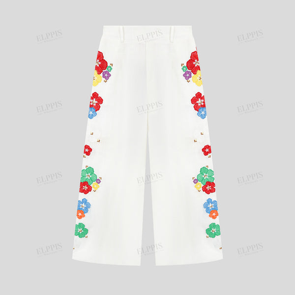 Embroidered cotton wide-leg pants