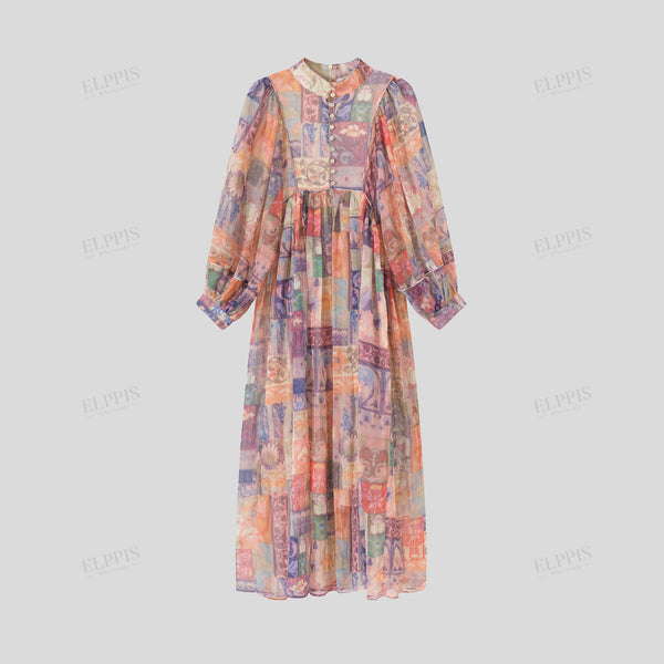 Vintage printed chiffon dress with decorative buttons