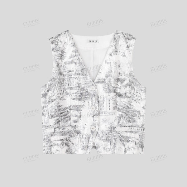 Geometric Printed Sequin Embroidered V-Neck Cropped Vest