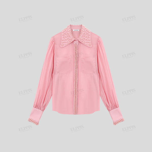 Single-button beaded straight-cut long sleeve shirt