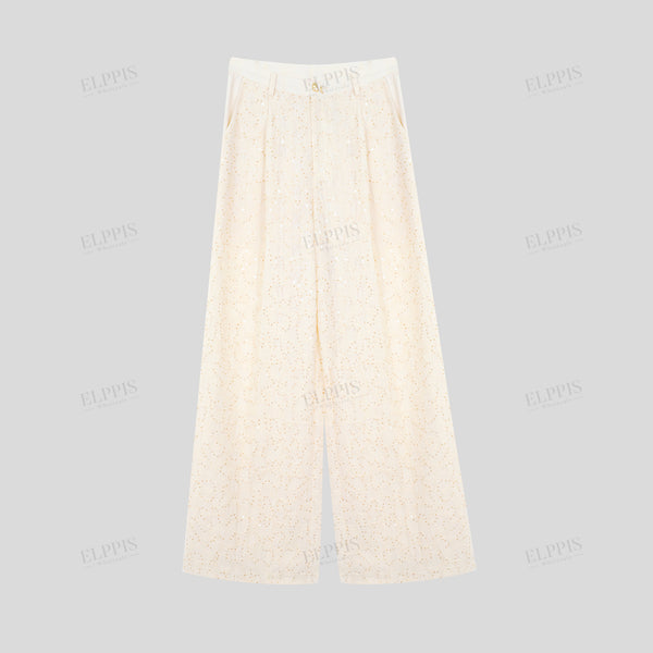 Textured Fabric Wide-Leg Trousers with Sequin and Cord Embroidery