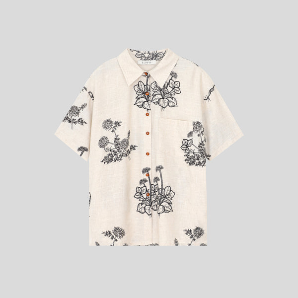 Vacation-style cotton-linen embroidered H-shaped shirt