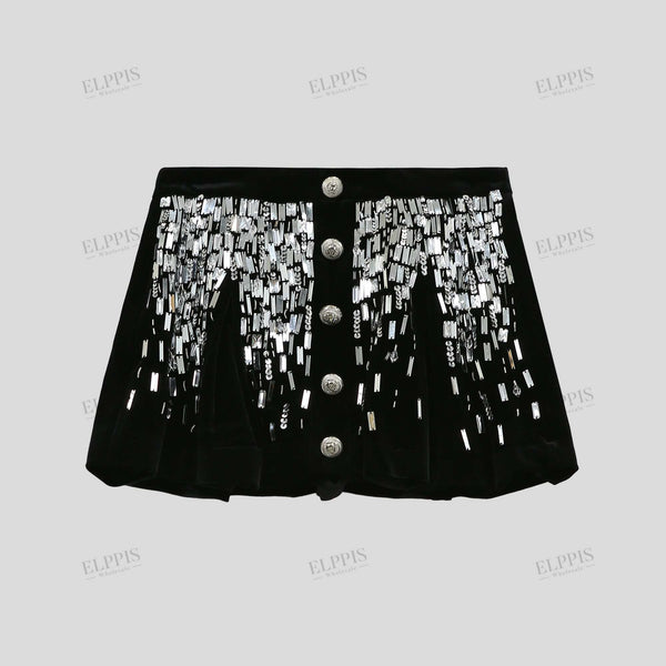 Velvet heavy handmade bead-embellished contrast front-button mini skirt