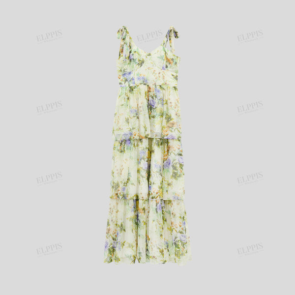 Chiffon digital print spaghetti strap A-line maxi dress