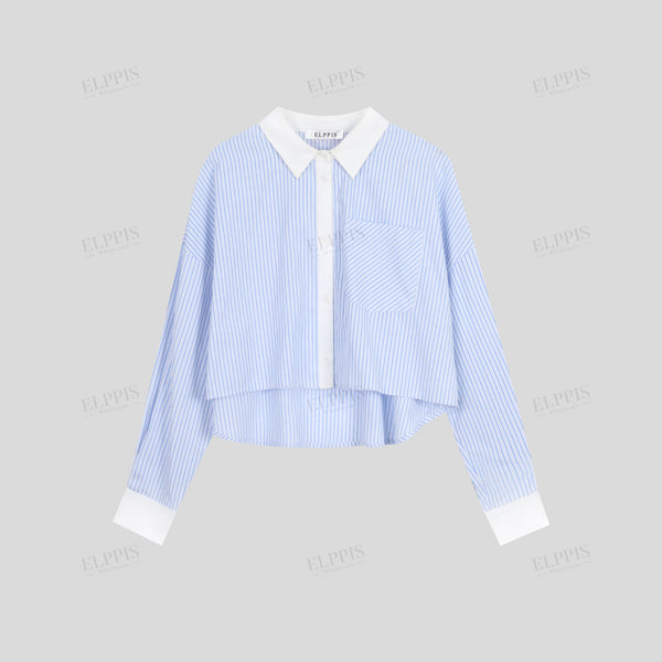 Color-block patchwork striped cropped long sleeve shirt