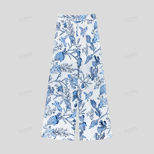 Cotton embroidered printed wide-leg trousers