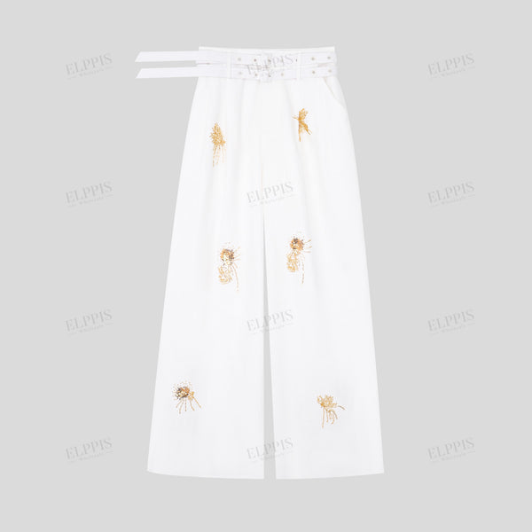 Positioned floral beaded embroidery pattern high-waisted loose wide-leg trousers