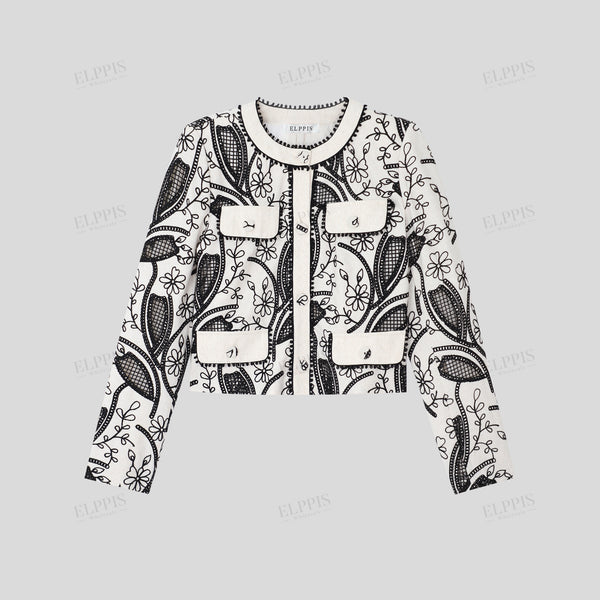 Light luxury French vintage black apricot paisley pattern embroidered linen straight H-line short -style jacket
