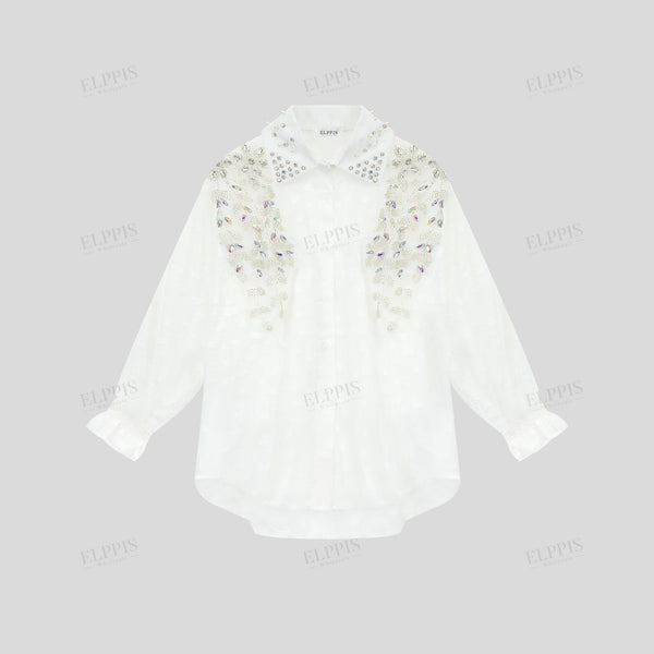 Jacquard beaded and studded straight H-line long sleeve shirt