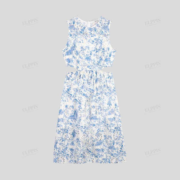 Blue cotton emb EMD  HOLLOW WAISTLINE SLEEVELESS A shape MID Dress