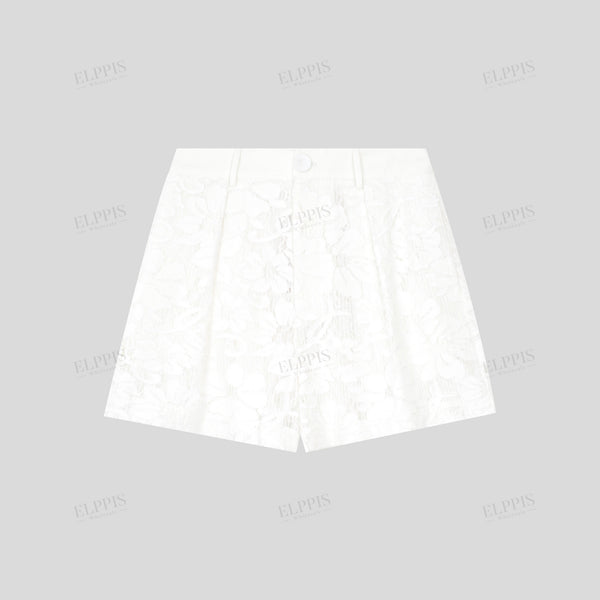French Floral Burnout White Denim and Lace Mid-High Waist A-Line Shorts