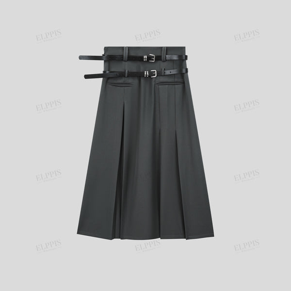 Double waist belt decorative pleated A-line long skirt