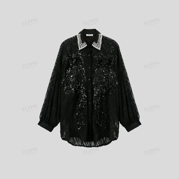 Textured fabric studded beaded H-line long sleeve shirt