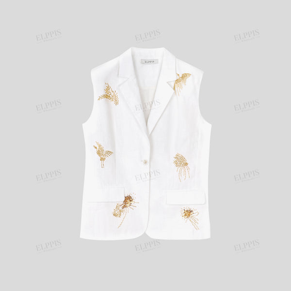 Cotton-linen beaded embroidered suit vest