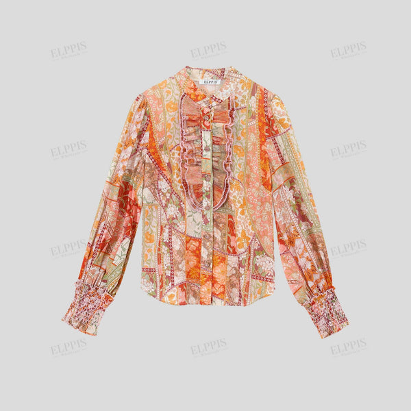 Floral prints long sleeve vertical pleats  collar blouse