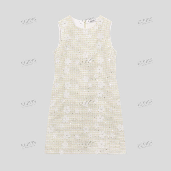 Jacquard plaid 3D sequined embroidered  round neck A-line mid dress