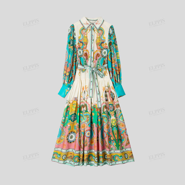 Multicolor Positioned Print Long Sleeve Dress