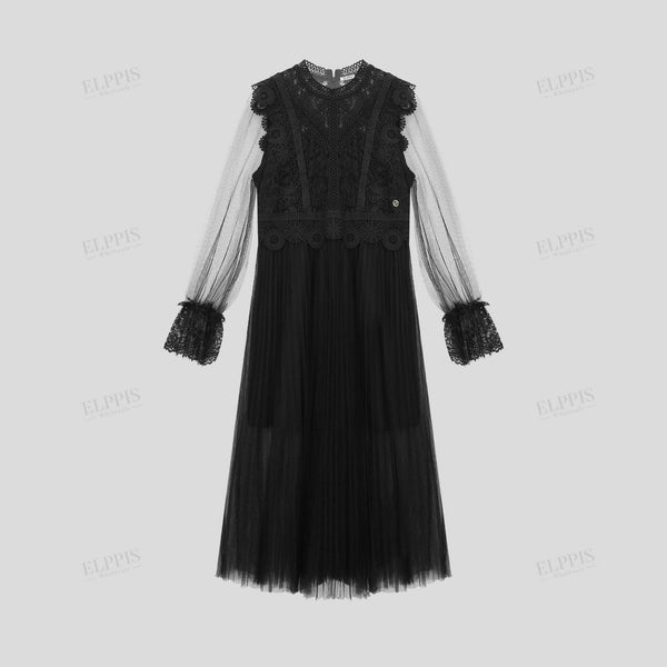 Lace panel sheer long sleeve stand collar A-line maxi dress with round neck