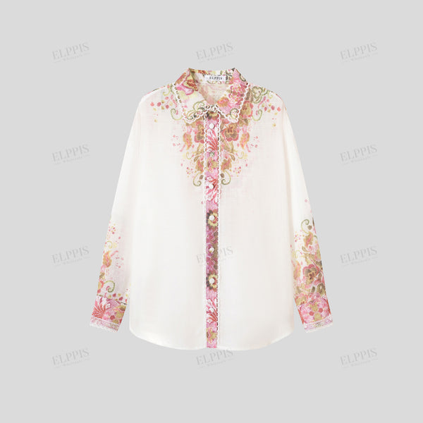 Positioned print patchwork lace loose straight long sleeve shirt