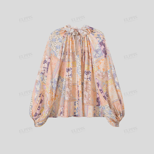 Chiffon digital print 3D floral V-neck A-line midi raglan long sleeve top