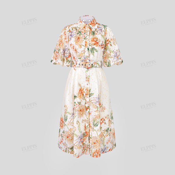 Cotton embroidered printed lantern short-sleeve mini dress