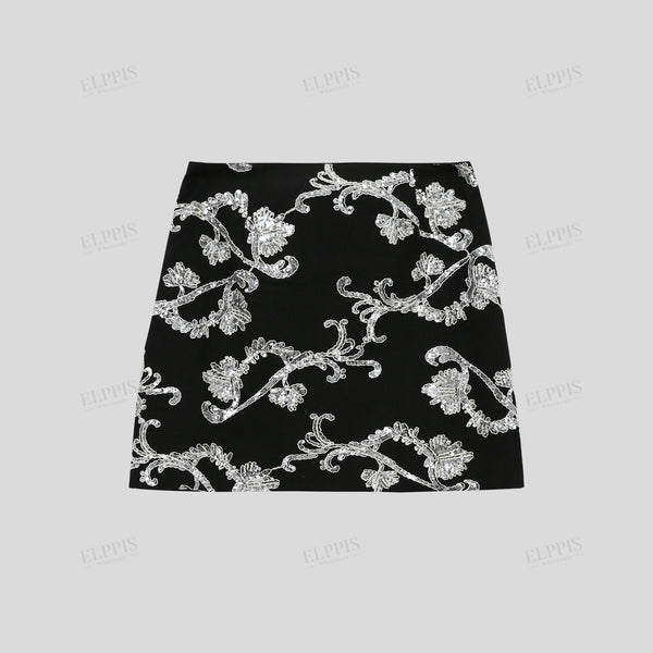 Color-block sequin embroidered H-line cotton-linen A-line short skirt