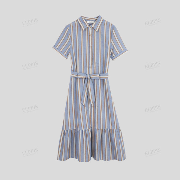 Yarn-dyed striped A-line short sleeve maxi dress