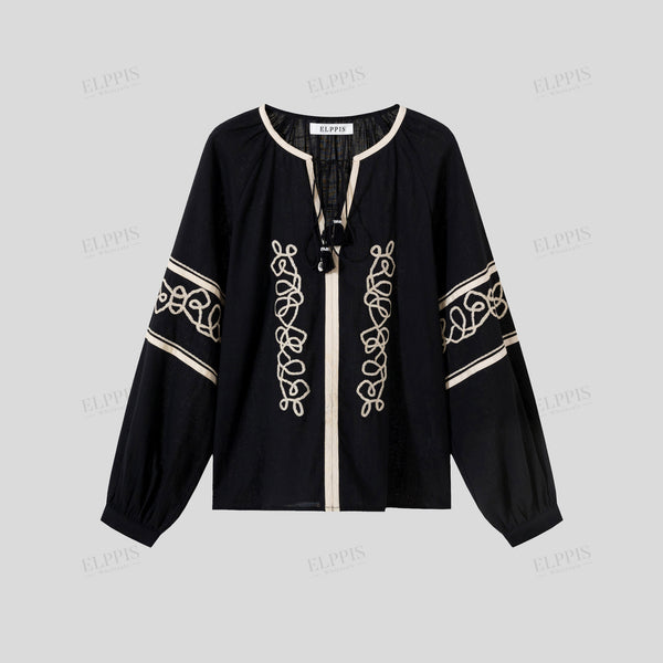 Color-block embroidered H-line raglan long sleeve top