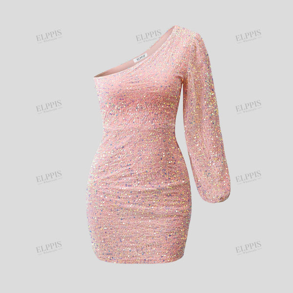 One-shoulder sequined sexy S-line mini dress