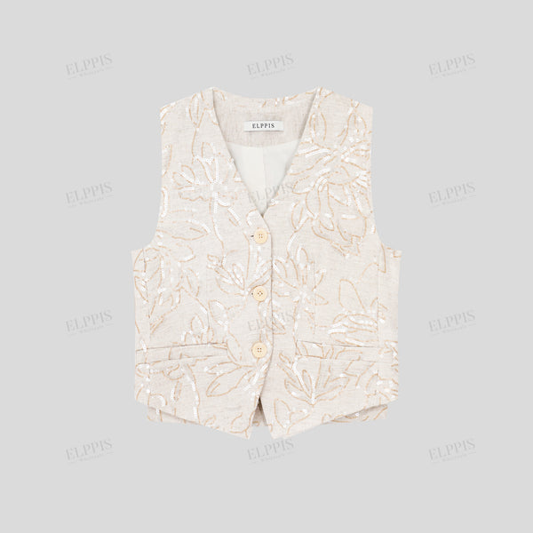 Heavy Sequin Embroidered Cotton-Linen Base Vest Jacket