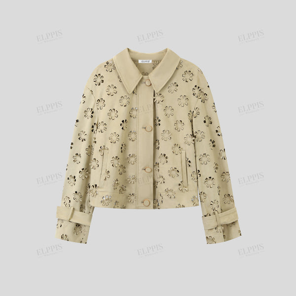 Suede hollow-out three-dimensional burn-out technique long sleeve lapel cropped jacket