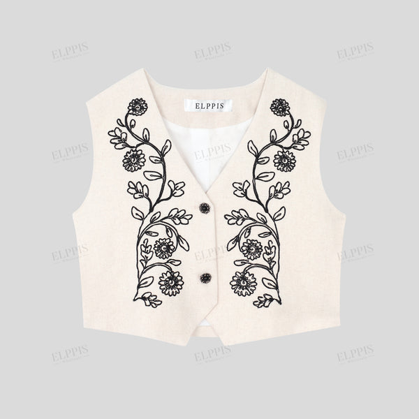 Bohemian style positioned embroidered V-neck vest