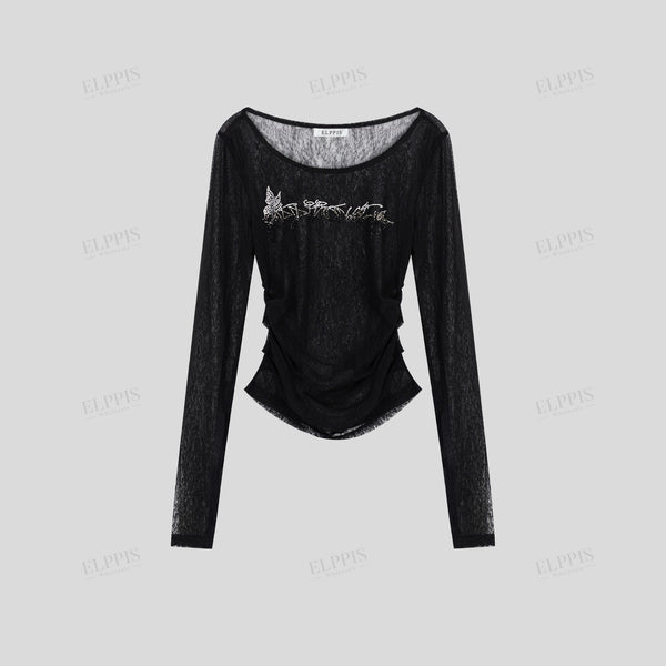 Rhinestone-embellished slim-fit X-line long sleeve top