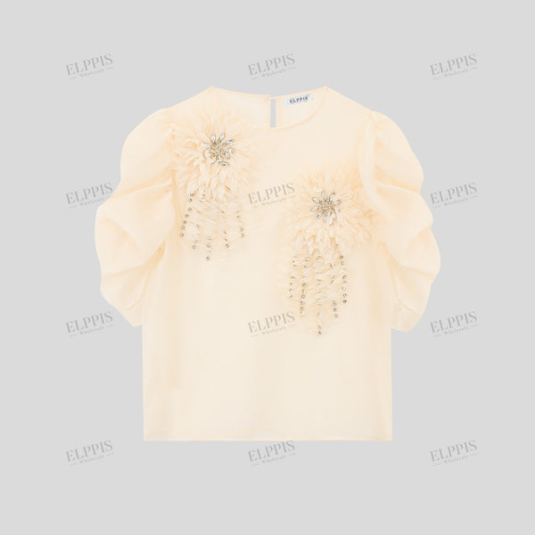 Heavy embroidery 3D floral handcrafted beaded round neck half-sleeve top