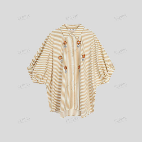 Striped 3D hand-beaded loose O-line shirt