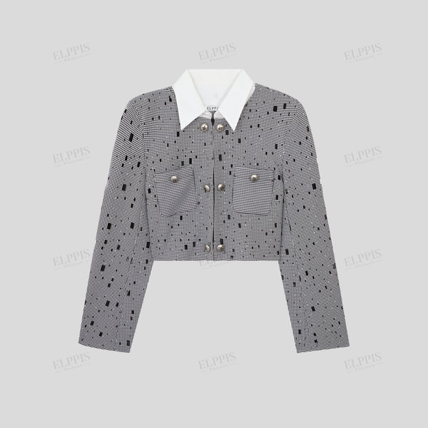 Floral Burnout Distressed Houndstooth Detachable Shirt Collar Long Sleeve Jacket