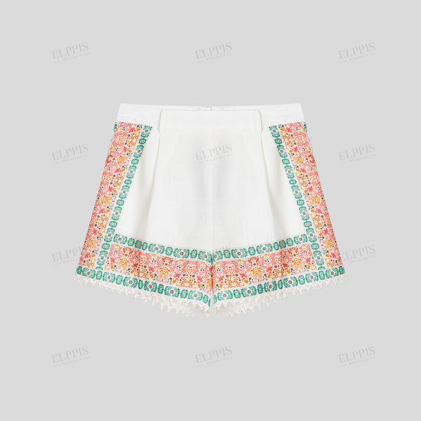 Color Block Positioned Floral Lace Trim Shorts