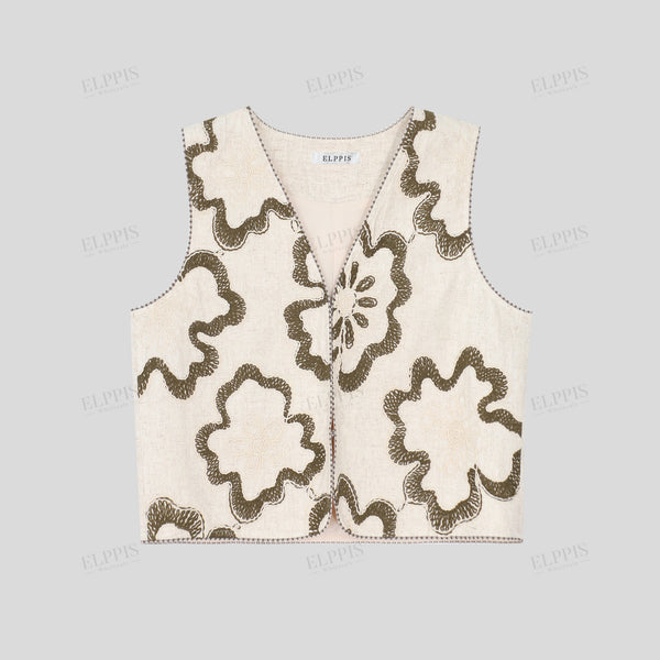 Cotton-Linen Floral Embroidered String Vacation Vest